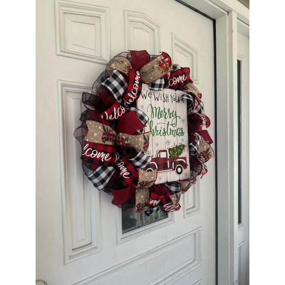 Rustic Christmas Wreath Buffalo Plaid and Vintage Truck Holiday Farmhouse Décor - Picture 6 of 8